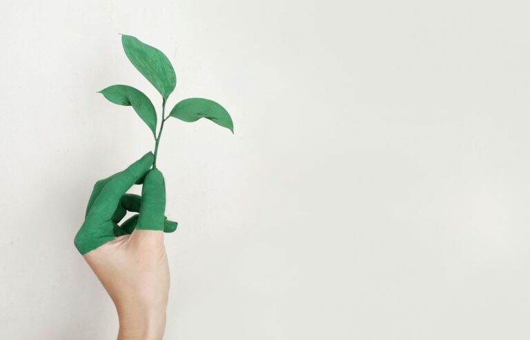 A green-painted hand gently holds a small green plant against a white background.