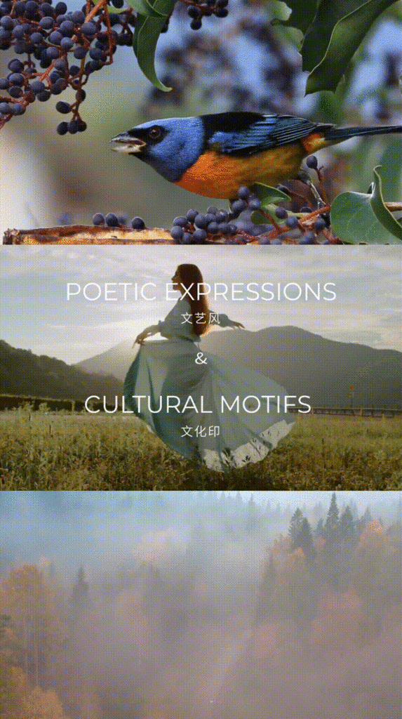 A colorful bird eats berries near a woman in a flowing dress in a misty forest.