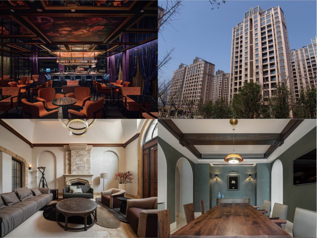 Collage shows a luxurious bar, modern apartment buildings, a cozy living room, and a formal dining room.