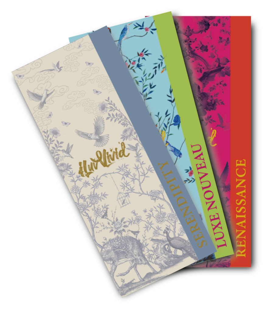 Four decorative color swatch books display intricate bird and floral designs with gold lettering.