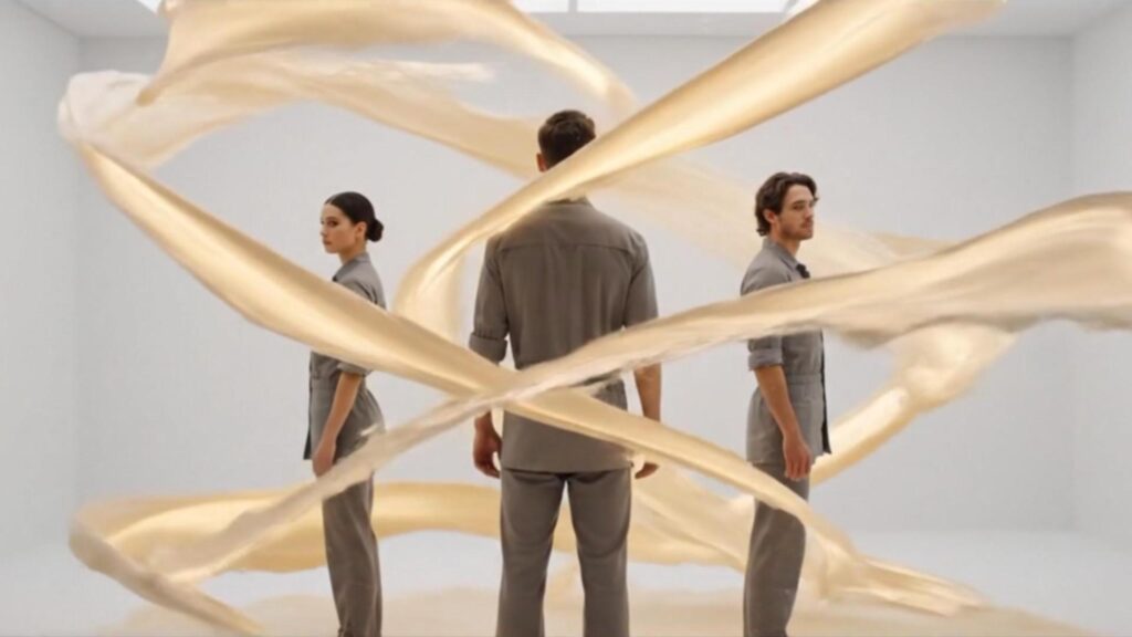 Three people in gray uniforms stand amidst flowing golden liquid in a bright, minimalist studio.