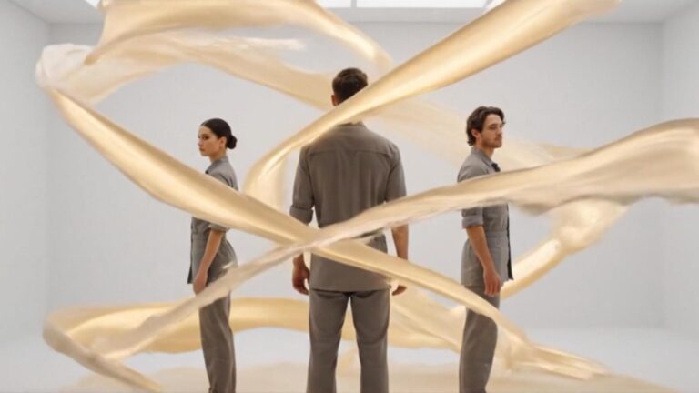 Three people in gray uniforms stand amidst flowing golden liquid in a bright, minimalist studio.