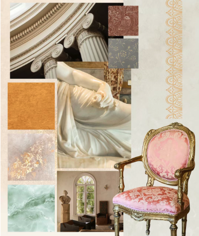 Collage of classical architectural elements, marble sculpture, fabric samples, and ornate furniture.
