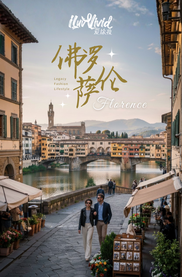 A stylish couple walks along a cobblestone street in Florence with the Ponte Vecchio bridge in the background.