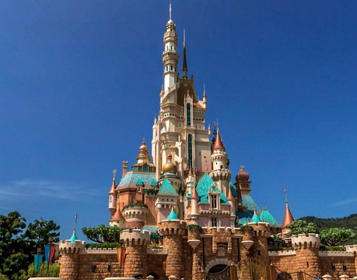A majestic castle with ornate spires and turquoise roofs stands against a clear blue sky.
