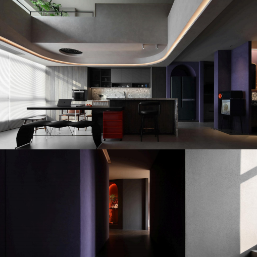 Modern interior with a sleek kitchen, dining area, and a hallway with purple accents.