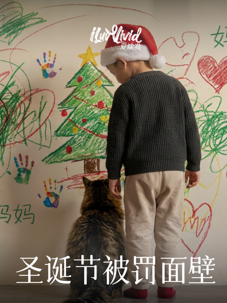 A boy in a Santa hat stands with a cat before a wall covered in crayon drawings of a Christmas tree and handprints.