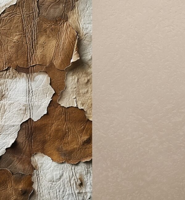 Cracked brown and white textured material peels away revealing a smooth beige surface.