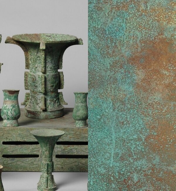 Ancient Chinese bronze vessels display intricate patterns and a weathered green patina.