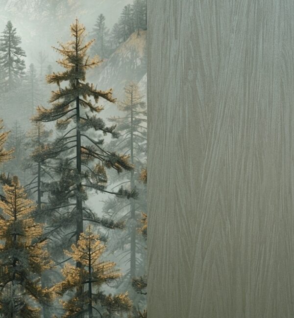 Misty fir trees with golden needles stand on a mountainside next to a textured wood grain pattern.
