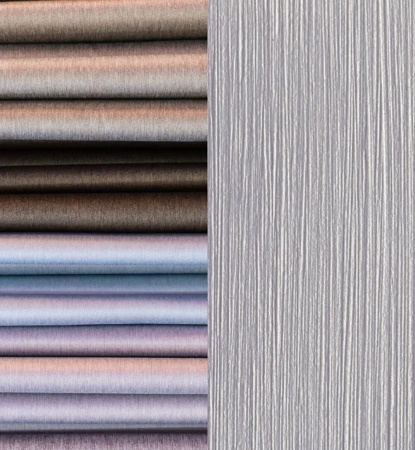 Stacked fabric swatches in muted tones contrast with a textured, vertical striped wallpaper.