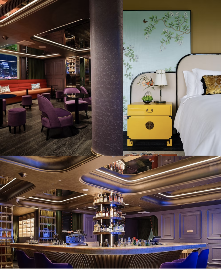 Luxurious hotel rooms and a stylish bar with illuminated shelves and a central bottle display.
