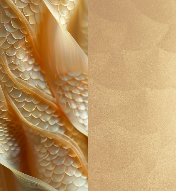 Golden fabric with a scaled texture and flowing ribbons against a textured gold background.