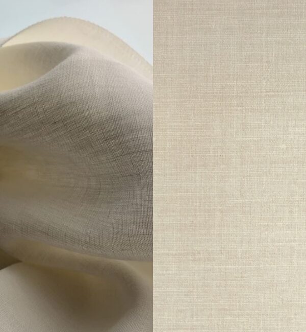 Close-up of draped and flat beige linen fabric showing subtle texture and weave.