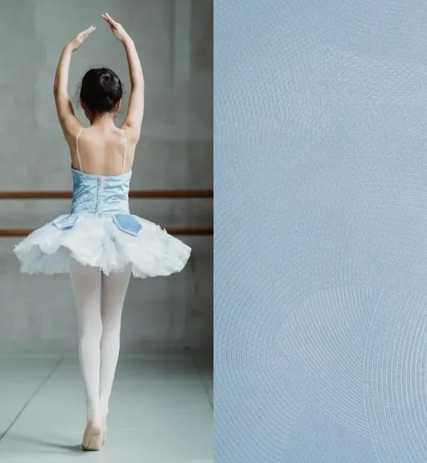A young ballerina in a blue tutu practices ballet poses in a studio with a barre.
