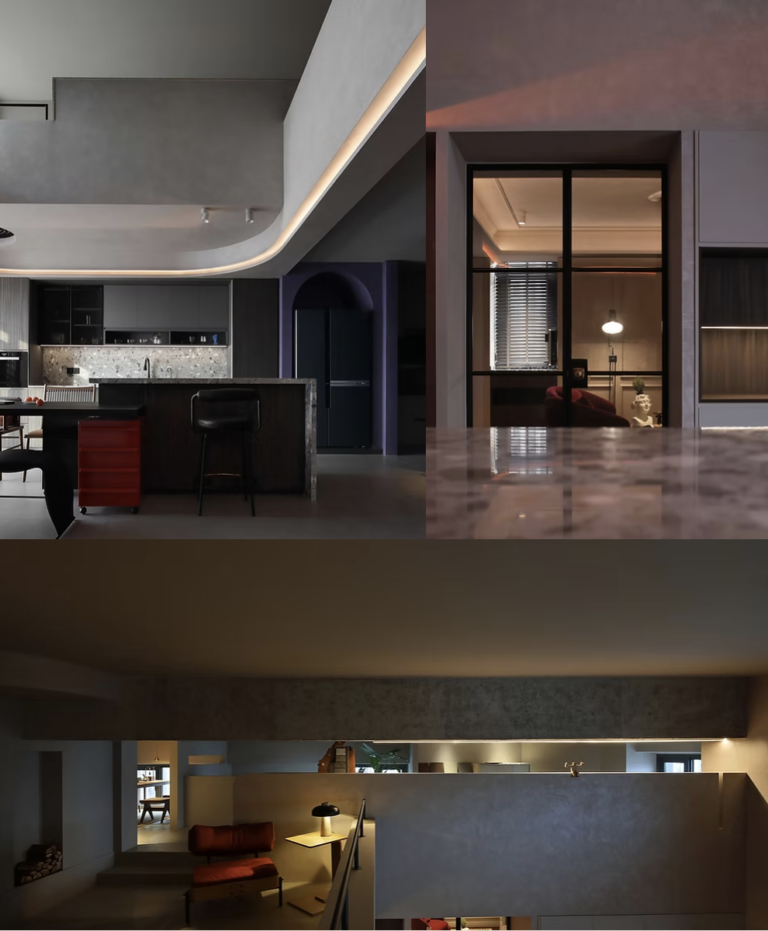 Modern apartment interior with a sleek kitchen, glass-partitioned room, and a cozy seating area.