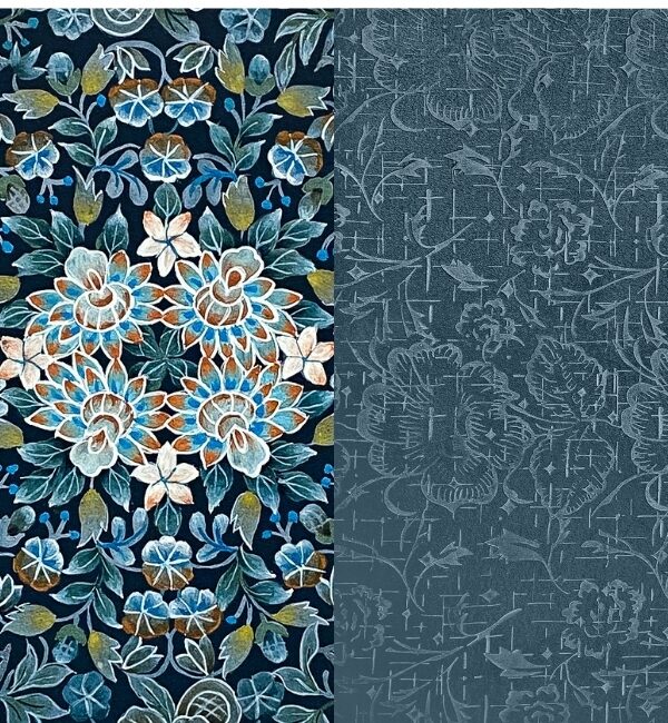 A dark blue background features a vibrant floral pattern with blue, white, and orange blossoms and green leaves.