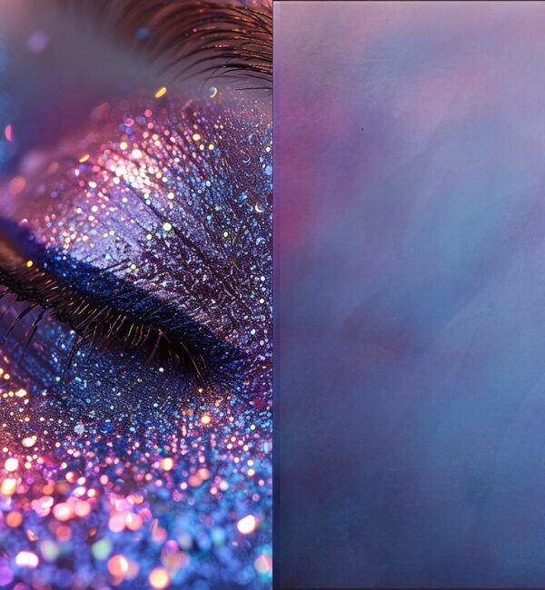 Close-up of a closed eye with vibrant purple and blue glitter eyeshadow and lashes.