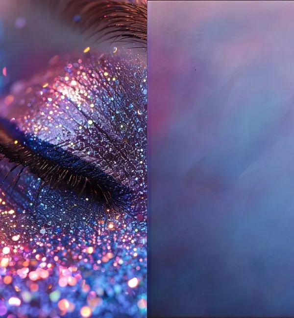 Close-up of a closed eye with vibrant purple and blue glitter eyeshadow and lashes.