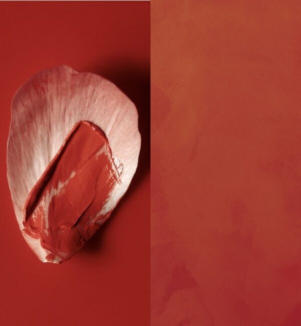 A swatch of red lipstick is artfully applied to a delicate white petal against a vibrant red background.