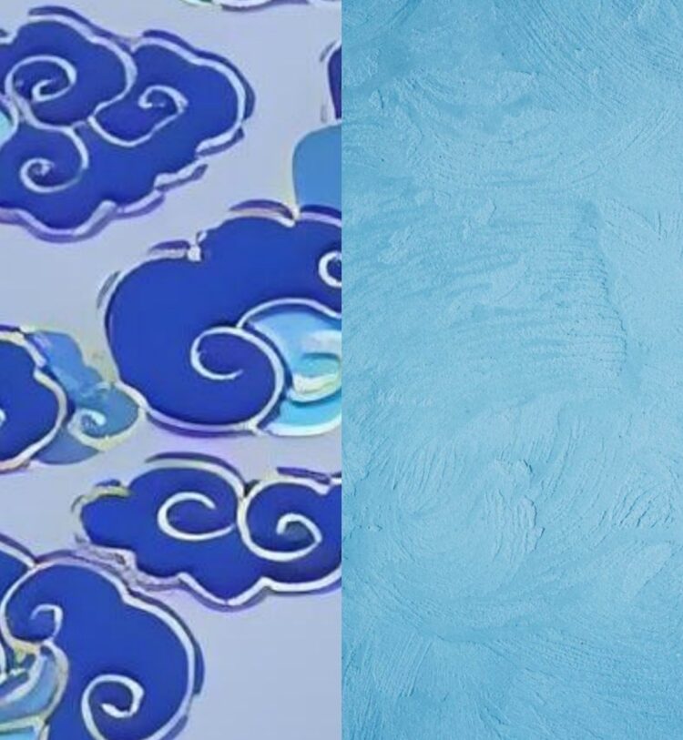 Stylized blue auspicious clouds are depicted against a textured light blue background.