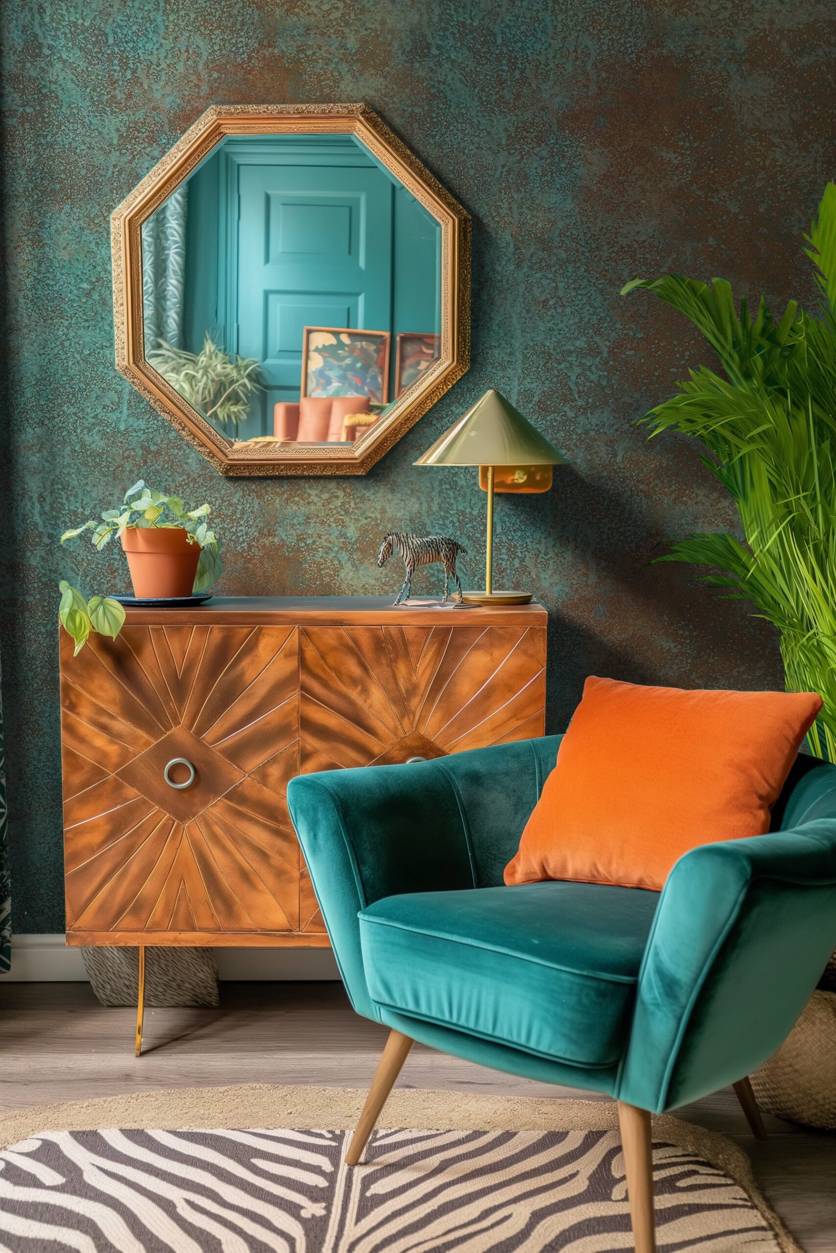 A teal velvet armchair with an orange cushion sits beside a wooden cabinet with a mirrored octagonal frame above.