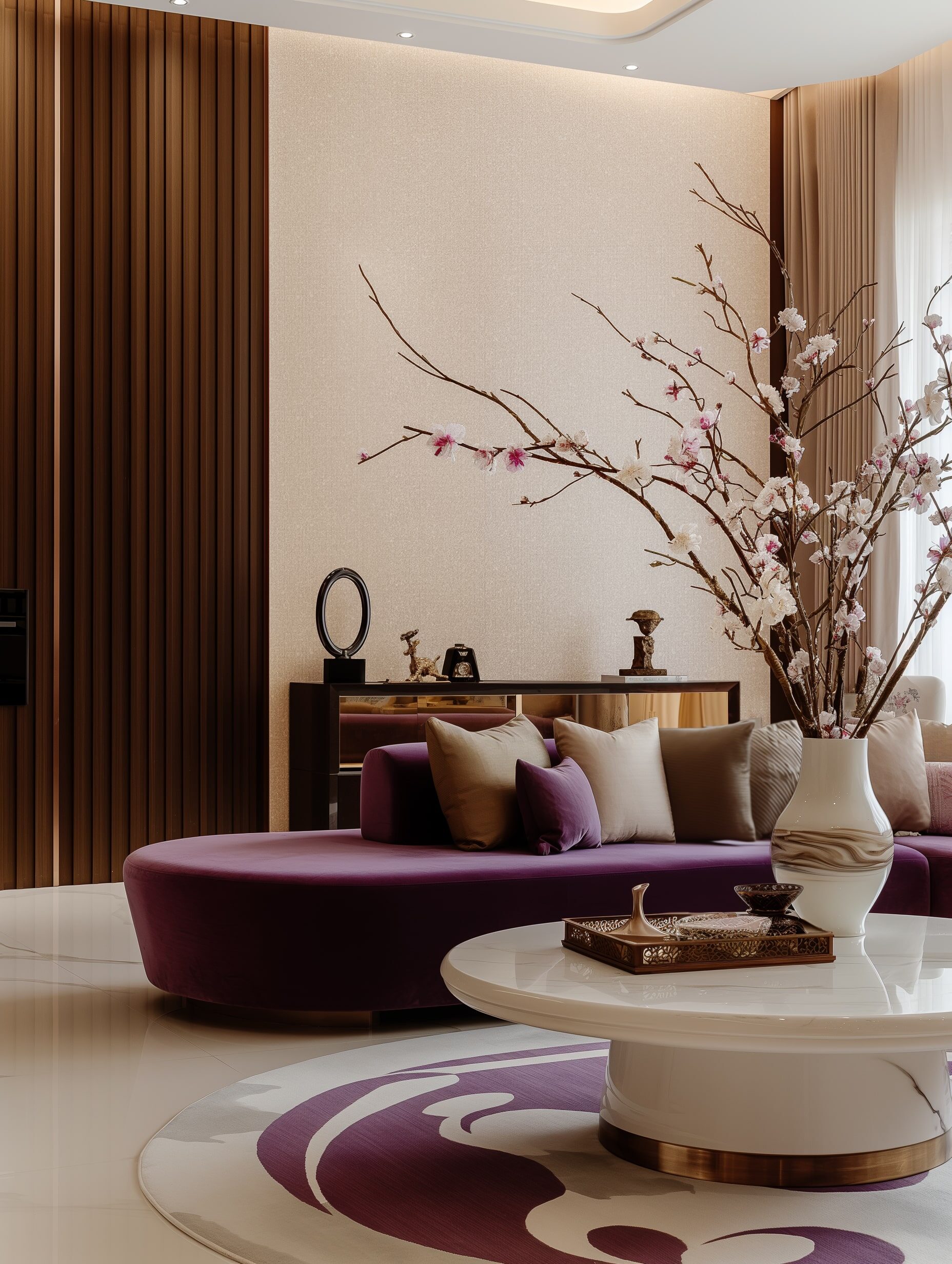 A plush purple sofa sits in a modern living room with a cherry blossom branch.