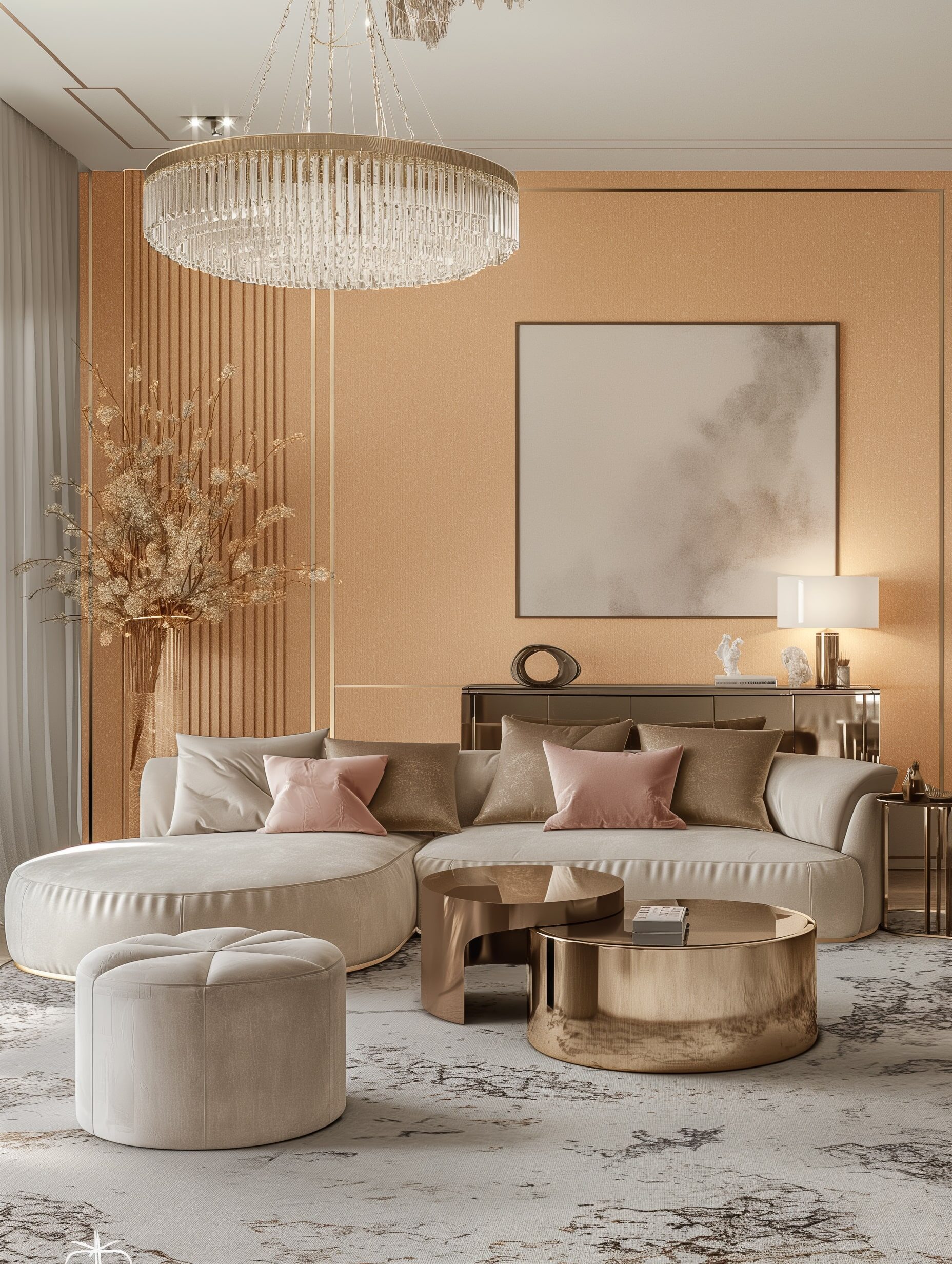 A luxurious living room features a cream sectional sofa, plush pink pillows, and gold coffee tables.