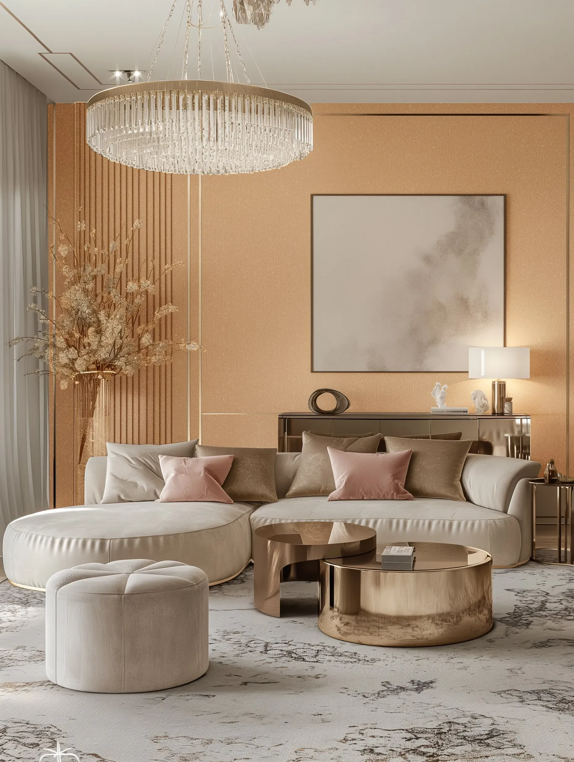 A luxurious living room features a cream sectional sofa, plush pink pillows, and gold coffee tables.