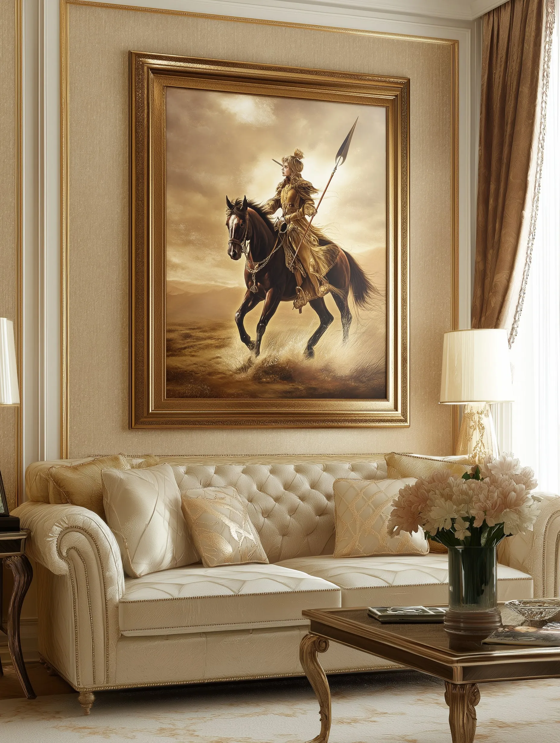 A warrior on horseback charges through a dusty landscape, holding a spear.