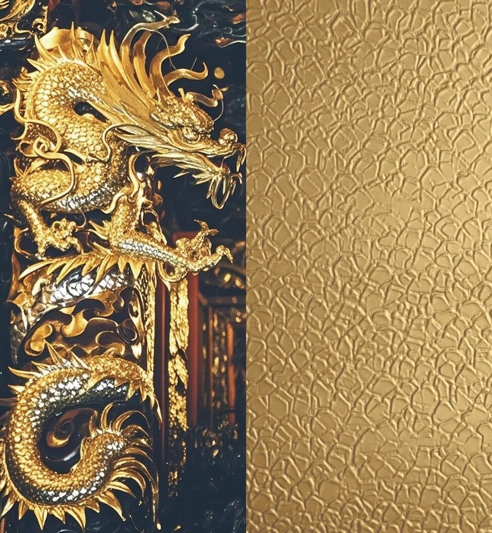 A detailed golden dragon sculpture is juxtaposed with a textured golden background.