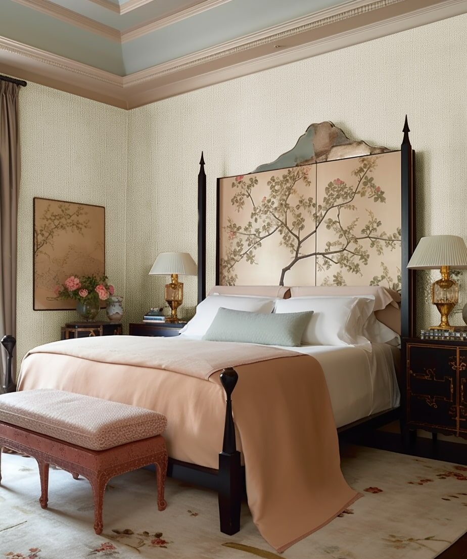 A luxurious bedroom features a bed with a large headboard adorned with a blooming tree motif.