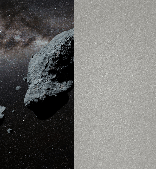 A rough asteroid floats against a starry sky and the Milky Way, juxtaposed with a textured grey surface.