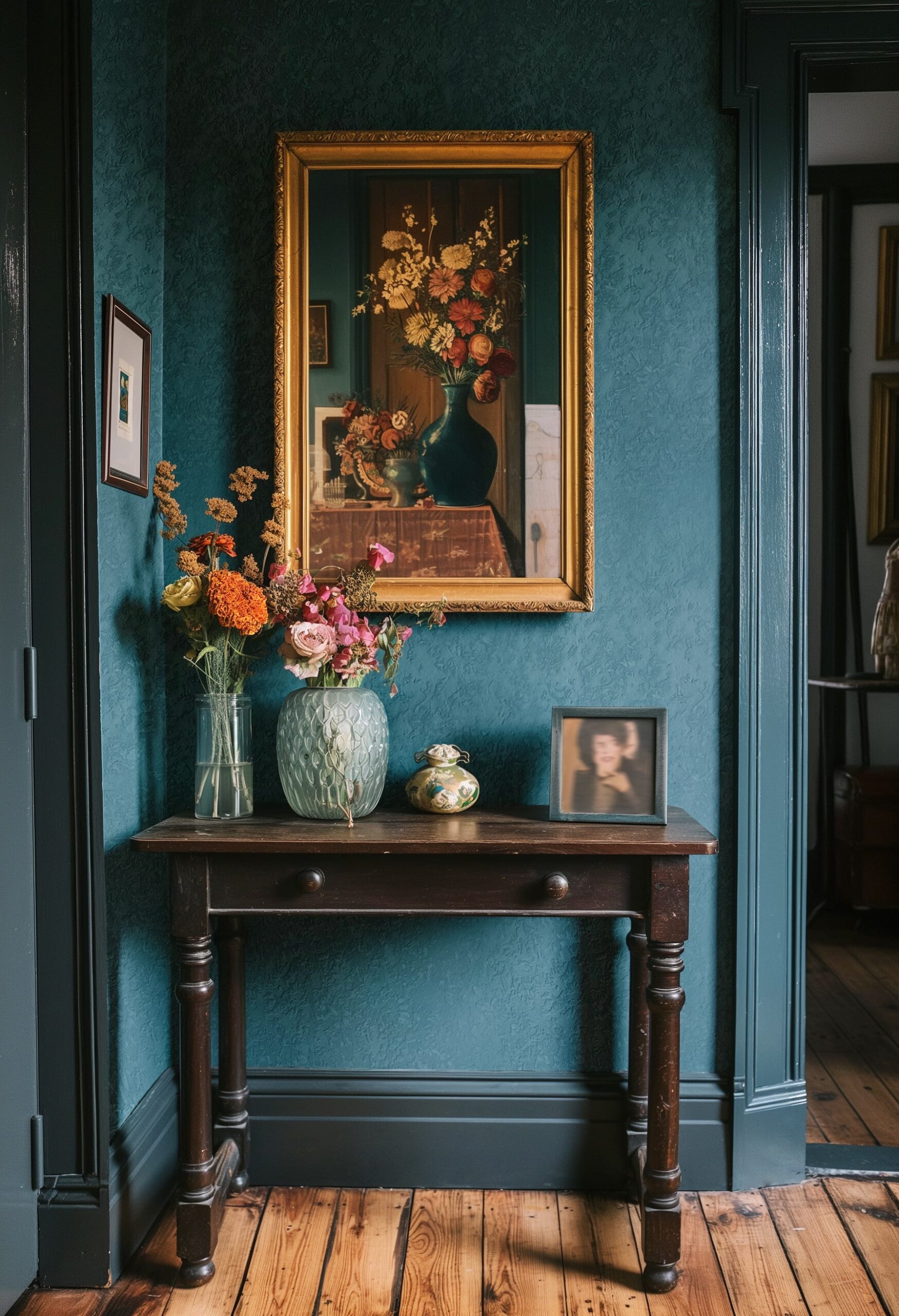 A dark wooden console table displays vases of flowers and a framed portrait against a teal textured wall.