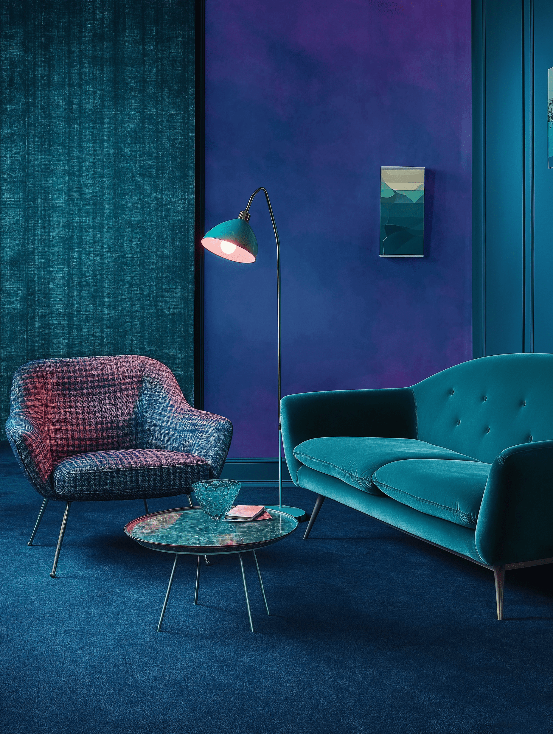 A plush teal sofa and patterned armchair sit in a dimly lit room with blue walls and a floor lamp.