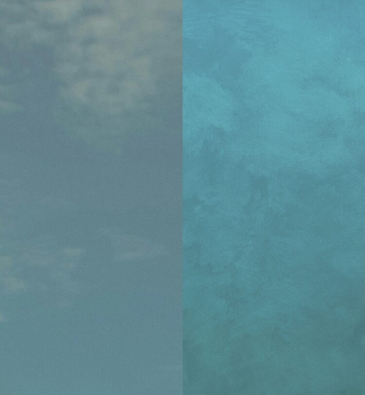 A split view shows a cloudy sky on the left and a textured teal surface on the right.