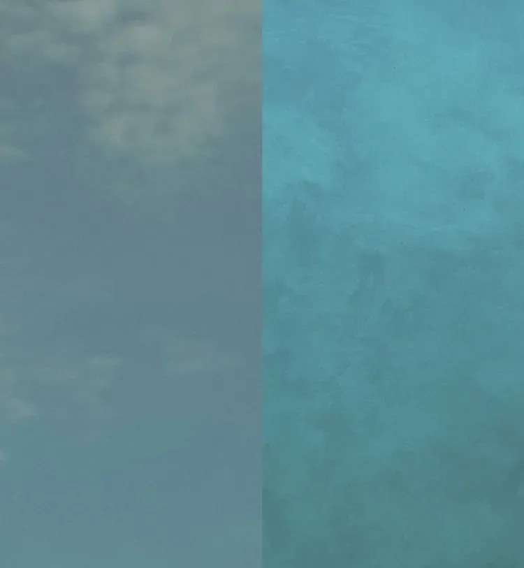 A split view shows a cloudy sky on the left and a textured teal surface on the right.