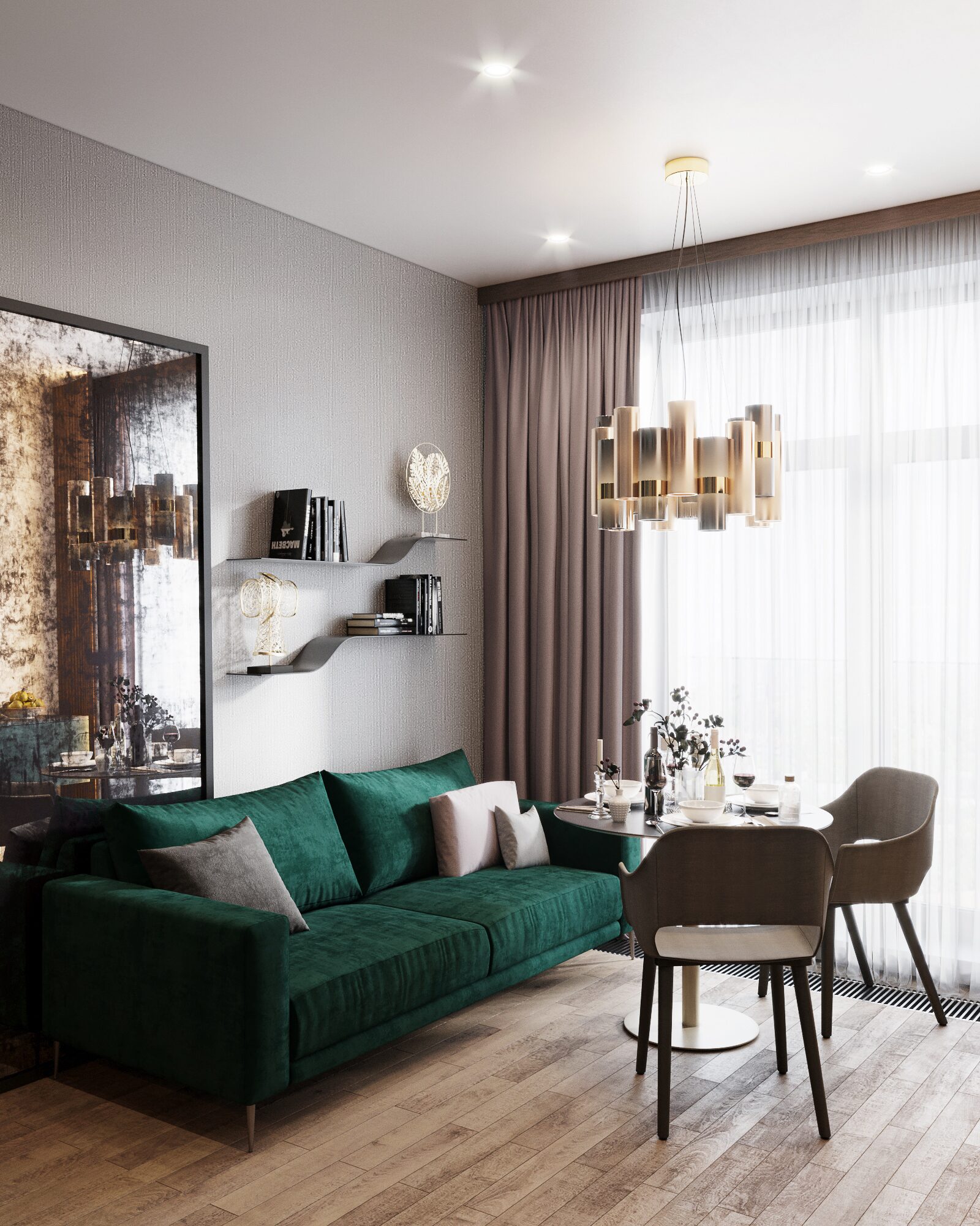 A plush emerald sofa sits in a modern living room with a dining table and chairs.